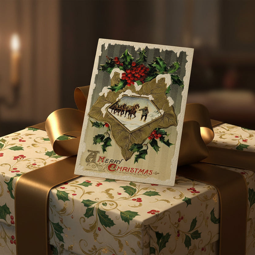 1910 Horses, Holly, Winsch Vintage Christmas Postcard Artist Signed, as gift topper