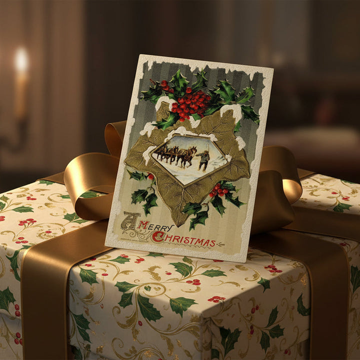 1910 Horses, Holly, Winsch Vintage Christmas Postcard Artist Signed, as gift topper