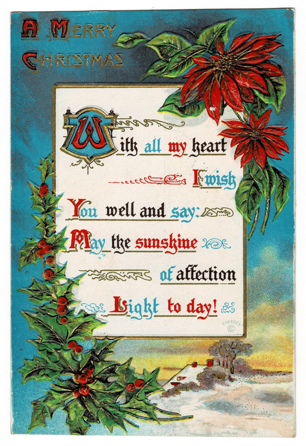 1912 Christmas Wishes, Illuminated Script Vintage Christmas Postcard.