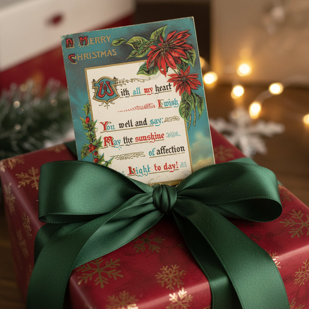 1912 Christmas Wishes, Illuminated Script Vintage Christmas Postcard, gift topper.