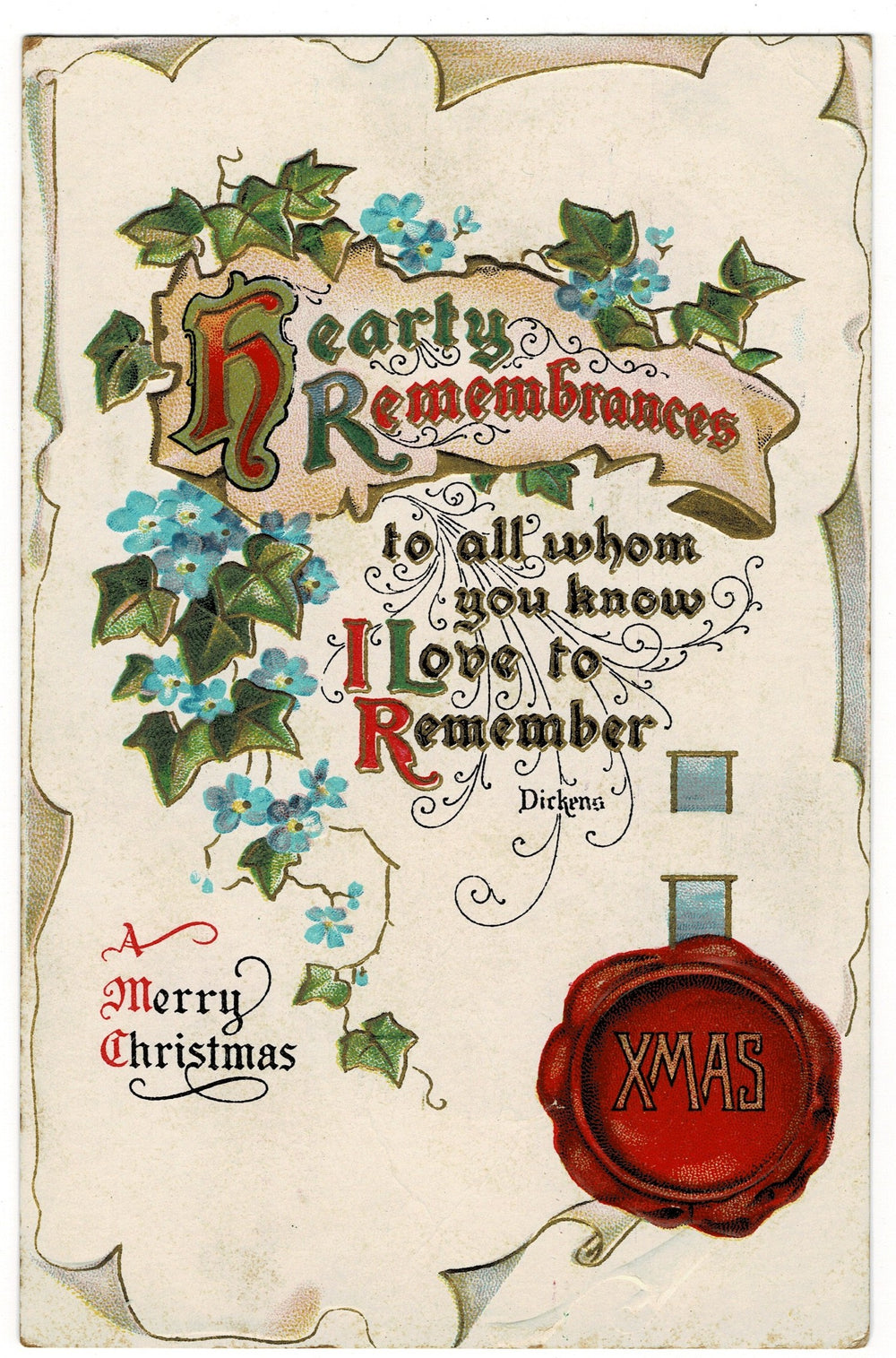 1908 Christmastide Remembrance Vintage Christmas Postcard, Embossed & Gilded.
