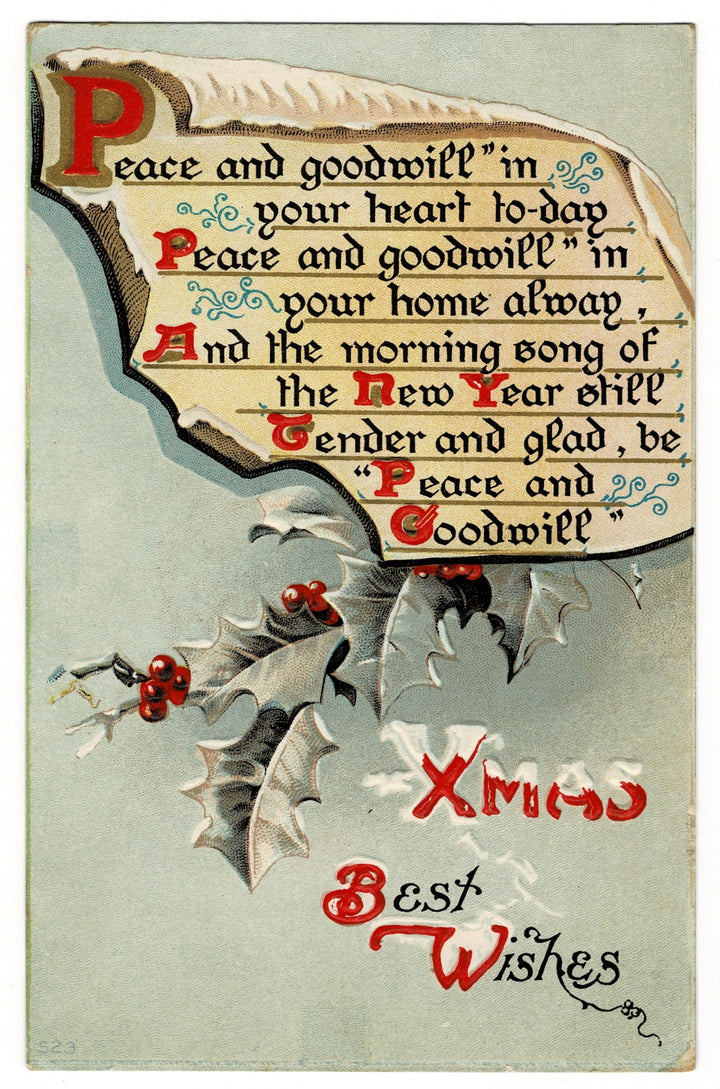 1909 Holiday Greetings in Illuminated Script Vintage Christmas Postcard.