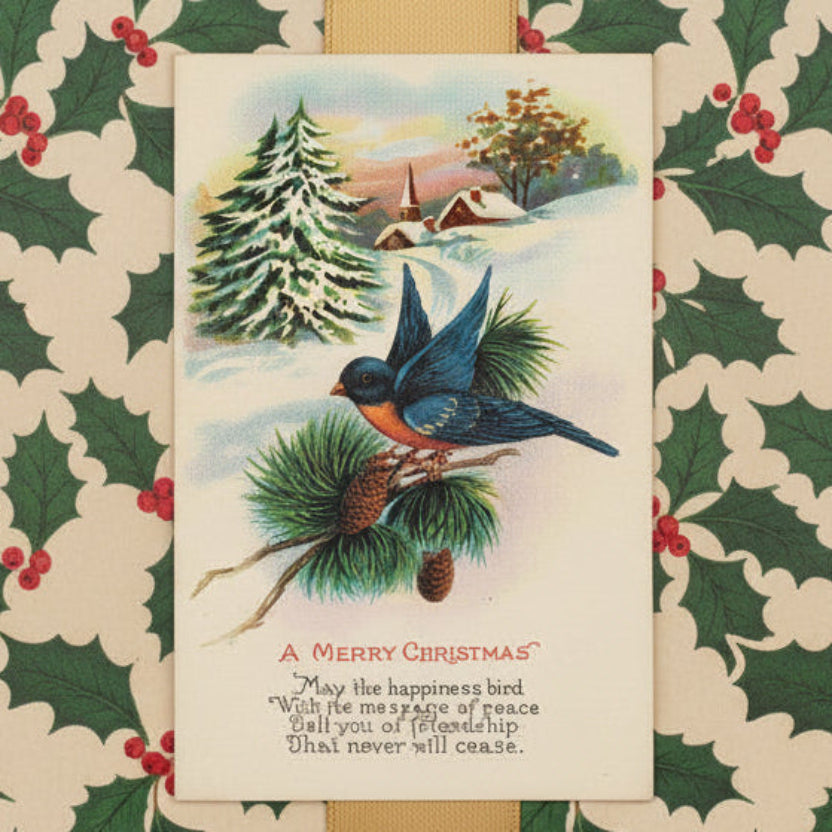 1917 A Bluebird’s Christmas Song vintage postcard, gift topper.
