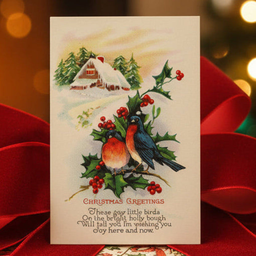 1917 Where Winter Songbirds Warm Your Heart Vintage Christmas Postcard, gift topper.