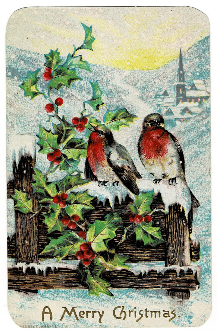 1908 Snowfall, Songbirds, and Christmas Peace Vintage Postcard.