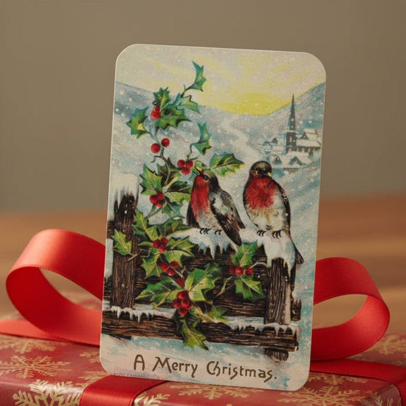 1908 Snowfall, Songbirds, and Christmas Peace Vintage Postcard gift topper.