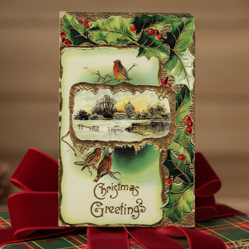 1911 Songbirds Welcome the Christmas Season Vintage Postcard shown as a gift topper.
