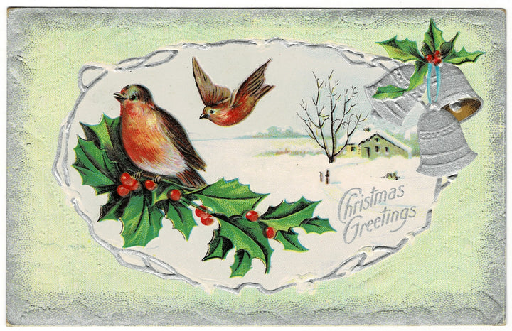 1911 Silver Bells and Songbirds Vintage Christmas Postcard.