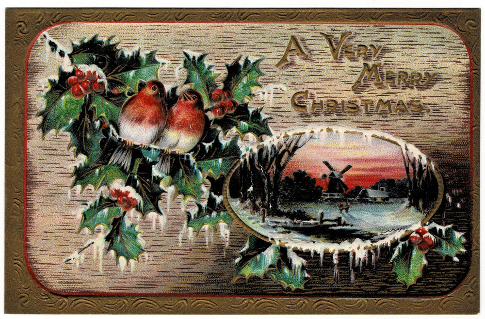 1911 Songbirds in the Snow Vintage Christmas Postcard.