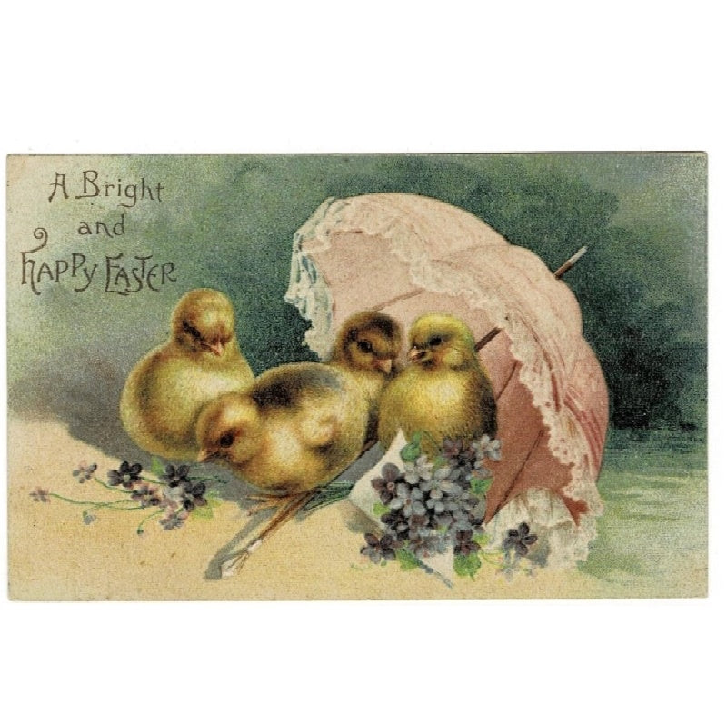 1909 Pink Parasol & Chicks Embossed Vintage Easter Postcard
