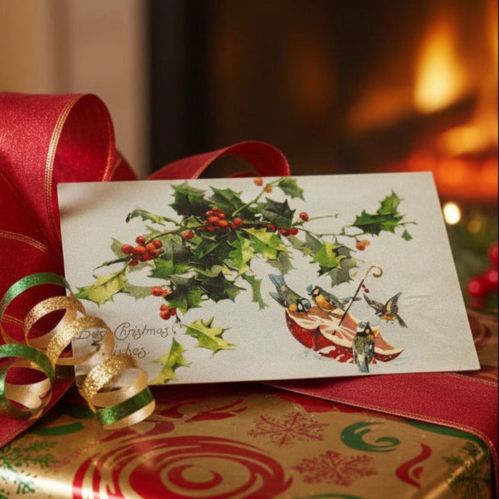 1905 Silvery Snow Scene: Birds in Parasol Vintage Christmas Postcard, gift topper.