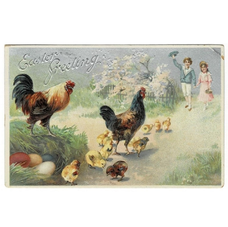 1909 Easter Greeting Chicks & Children Gilded Vintage Postcard