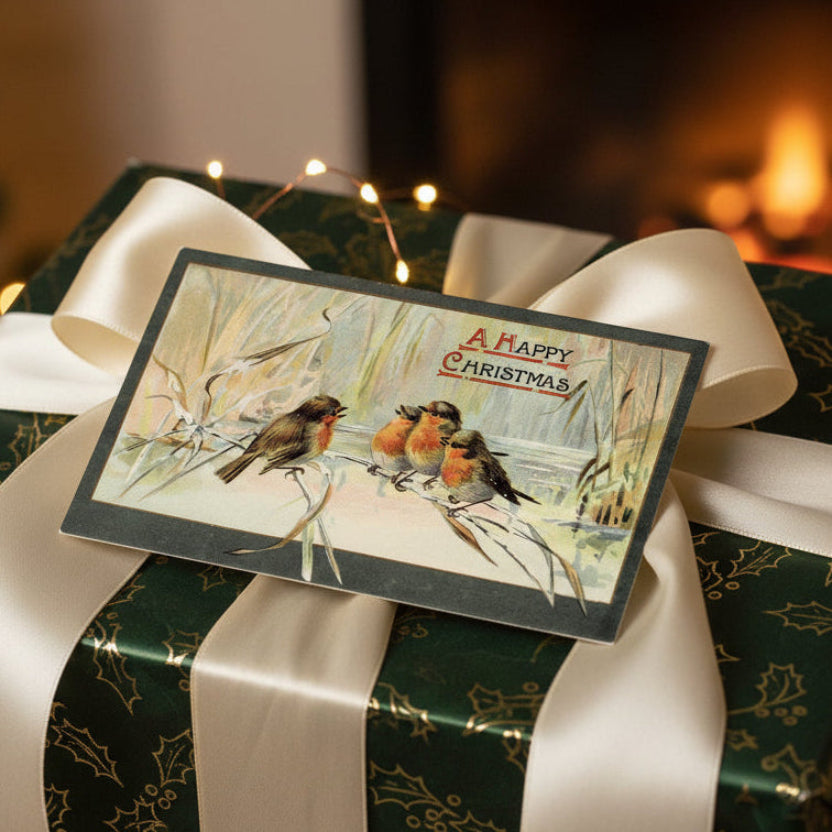 Gift topper: 1908 European Robins Relish The Holidays Vintage Christmas Postcard on a wrapped gift with a fireplace in the background
