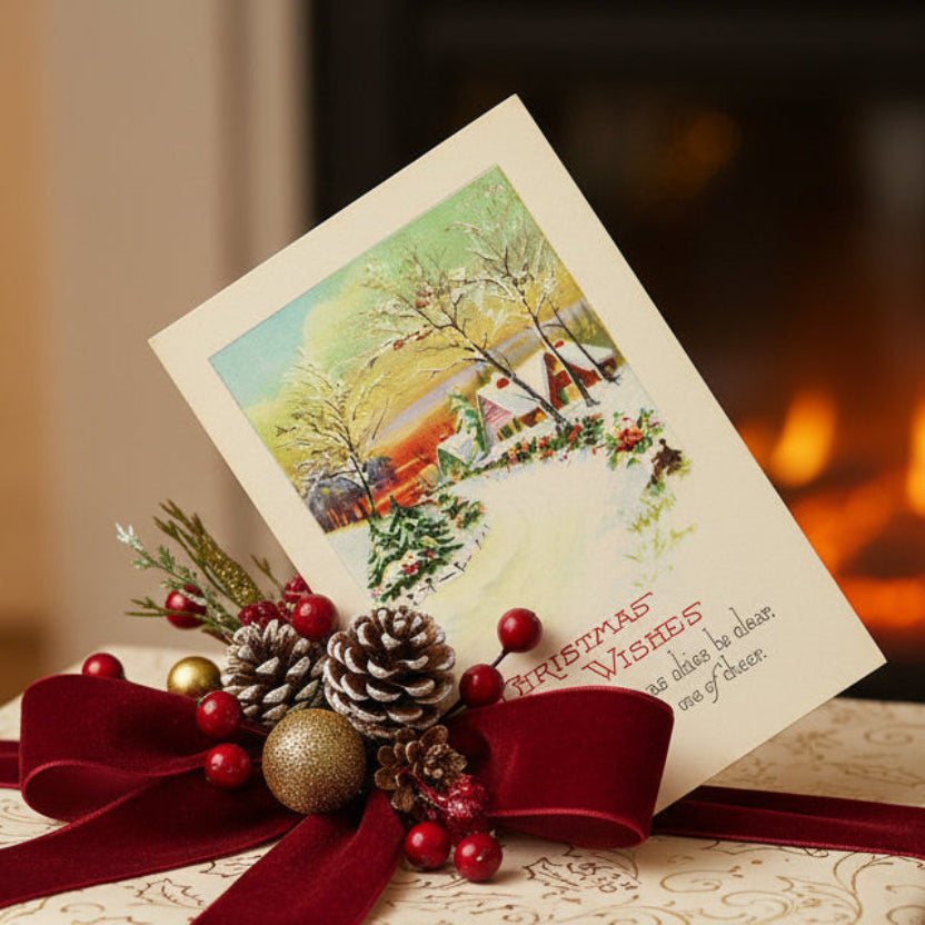 1917 Festive Homes Down Wintry Lane Vintage Christmas Postcard with festive decorations in front of a fireplace