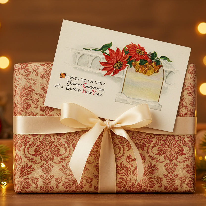 1915 Happy Christmas and Bright New Year Vintage Postcard, shown as gift topper.