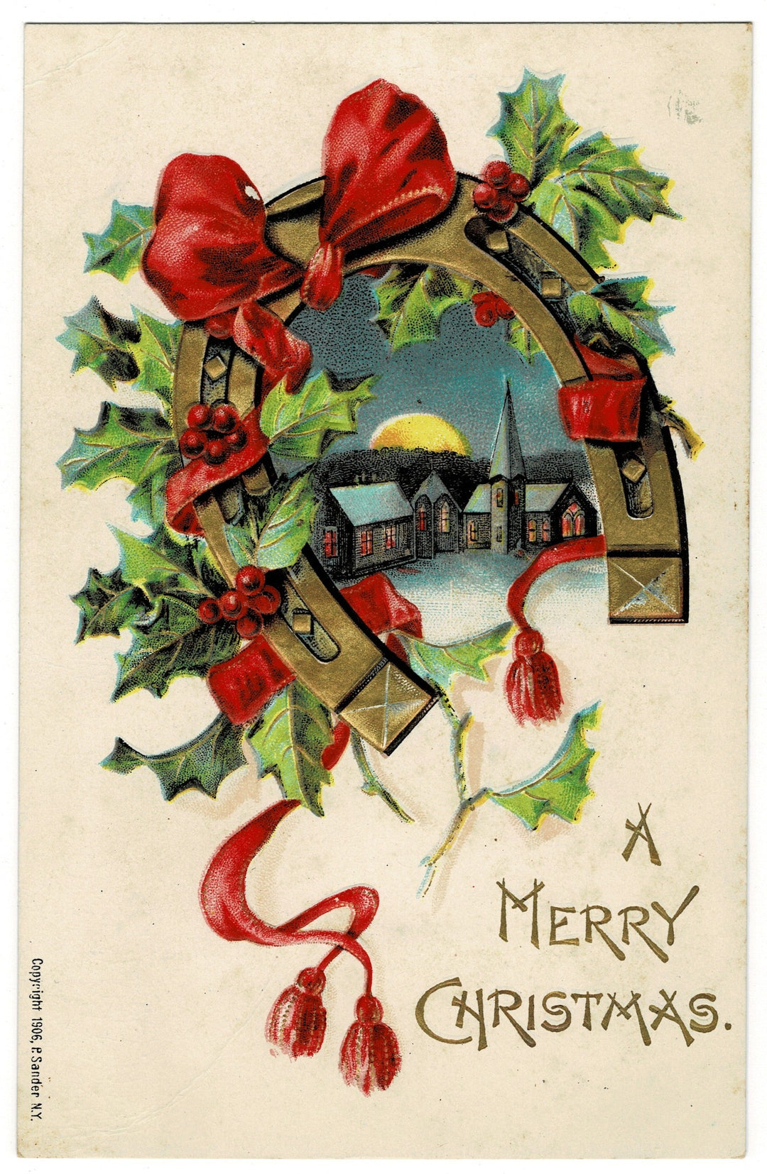 1906 Horseshoe, Holly, and Moonlit Village by P. Sander Vintage postcard.