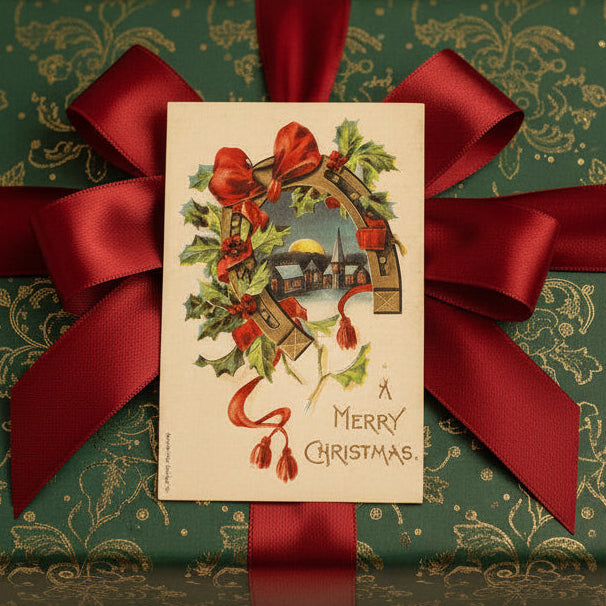Green gift box with red ribbon and '1906 Horseshoe, Holly, and Moonlit Village by P. Sander Vintage postcard.