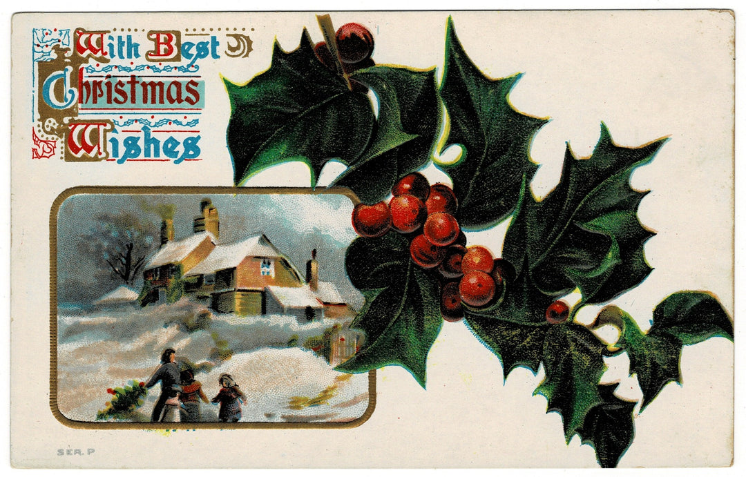 1909 Holly and Family Bringing Home Tree Vignette Vintage Christmas Postcard.