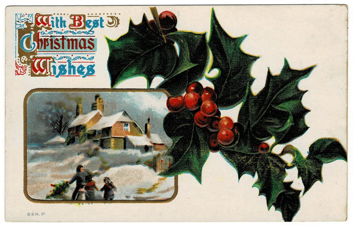 1909 Holly and Family Bringing Home Tree Vignette Vintage Christmas Postcard.