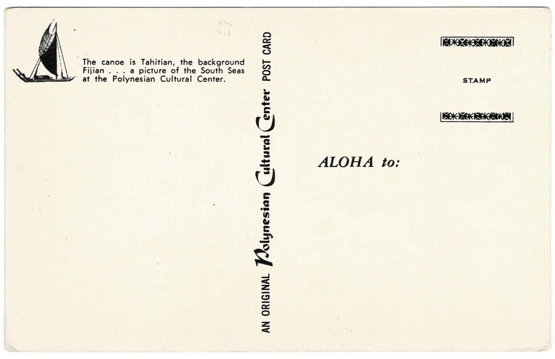 1960s Polynesian Cultural Center Laie Oahu Hawaii Vintage Postcard, back.