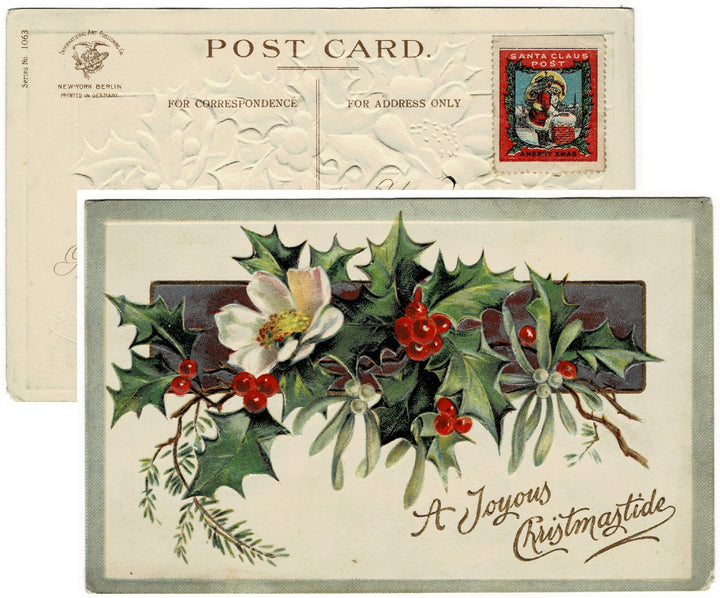 1909 Symbolic Dog-Rose and Holiday Greenery Vintage postcard.