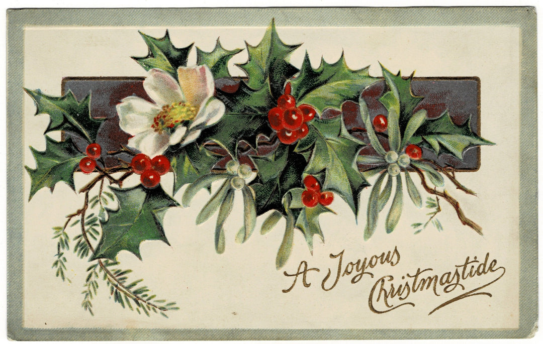 1909 Symbolic Dog-Rose and Holiday Greenery Vintage postcard.