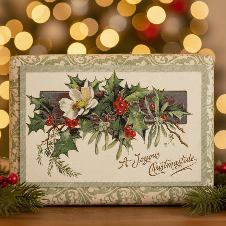 1909 Symbolic Dog-Rose and Holiday Greenery Vintage postcard, shown on gift topper.