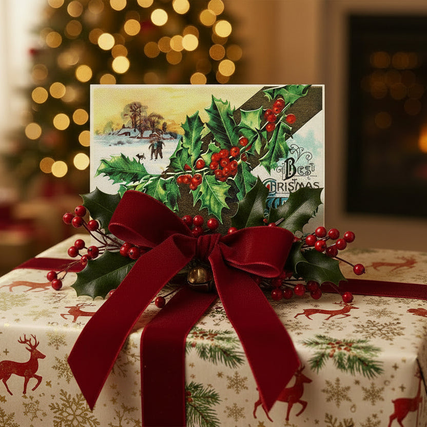 1910 Best Christmas Wishes with Winter Dog Walk by Winsch, Vintage Christmas postcard.