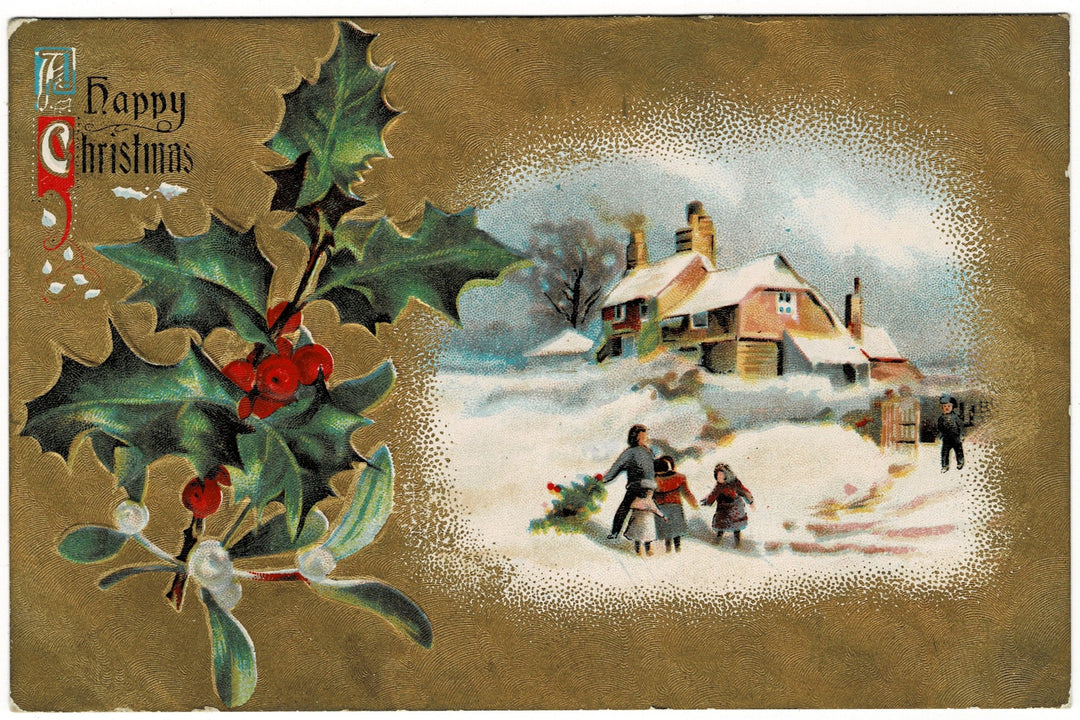 Gilded 1908 Family Brings Home Cut Christmas Tree antique Postcard.