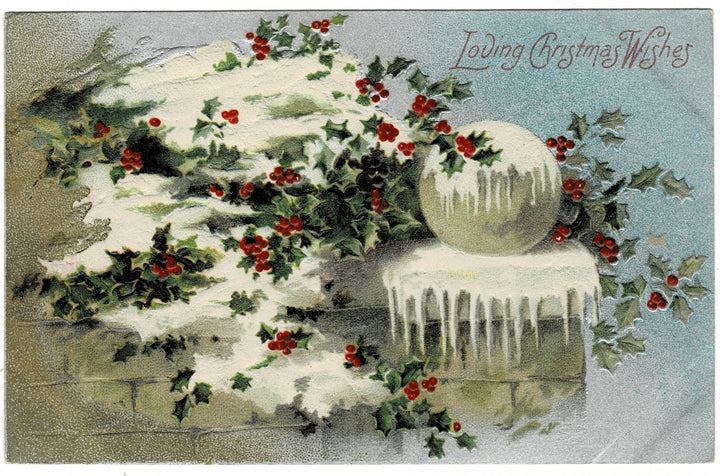 1905 Garden Wall at Christmas Vintage Postcard, Gilded and Embossed.