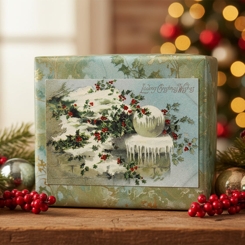 1905 Garden Wall at Christmas Vintage Postcard, Gilded and Embossed on gift as gift topper.