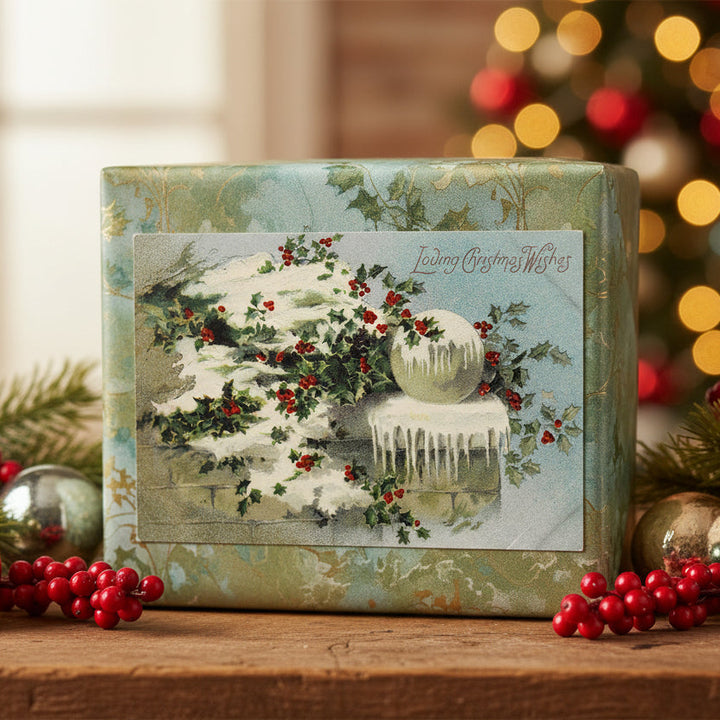 1905 Garden Wall at Christmas Vintage Postcard, Gilded and Embossed on gift as gift topper.