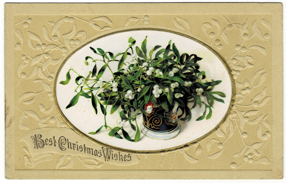 1913 Mistletoe Moments Vintage Christmas Postcard -Gilded and Embossed.