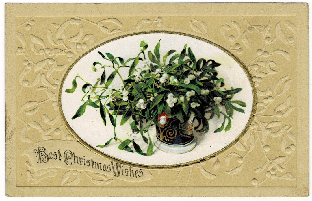 1913 Mistletoe Moments Vintage Christmas Postcard -Gilded and Embossed.