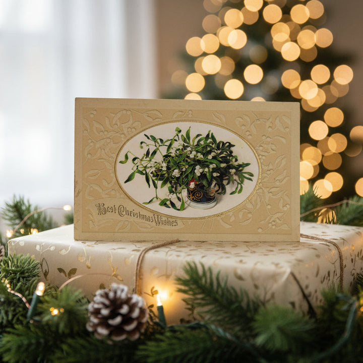 1913 Mistletoe Moments Vintage Christmas Postcard -Gilded and Embossed gift topper.