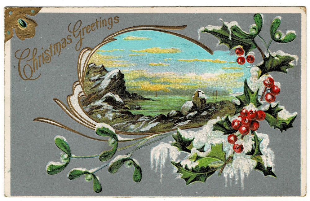 1911 Art Nouveau Winter Coastline at Christmas Vintage Postcard.