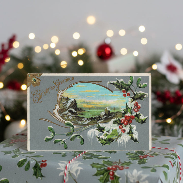 1911 Art Nouveau Winter Coastline at Christmas Vintage Postcard as gift topper.
