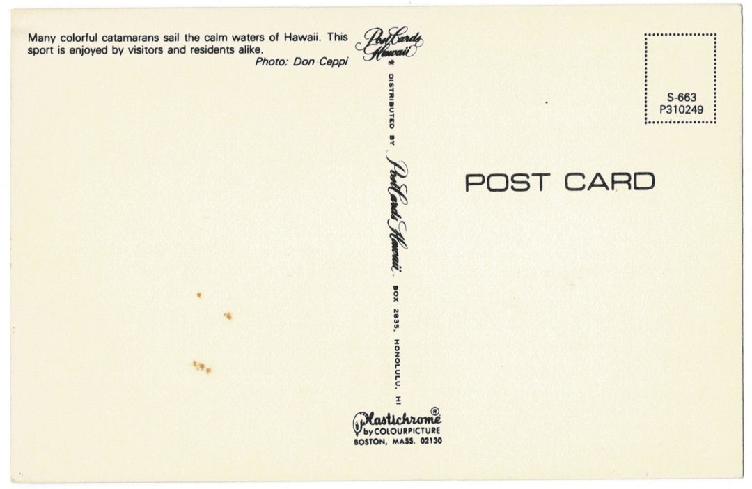 1960s Colorful Catamarans Sailing Hawaii Vintage Postcard, back.