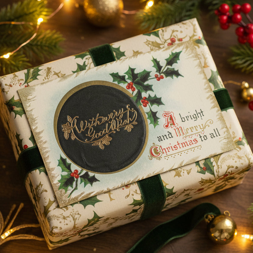 1911 Embossed, Gilded Silk Christmas Greeting Vintage Novelty Postcard on gift as gift topper.