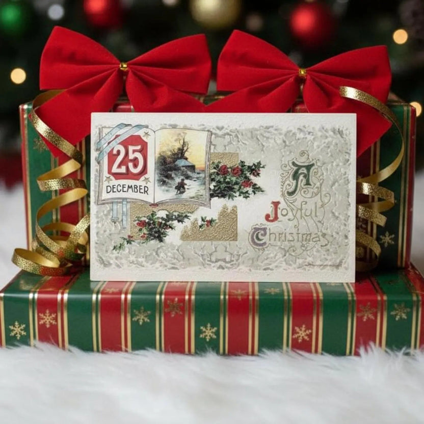 1910 Mark Your Calendar, It's Christmas Day! by Winsch Vintage Postcard as a gift topper.