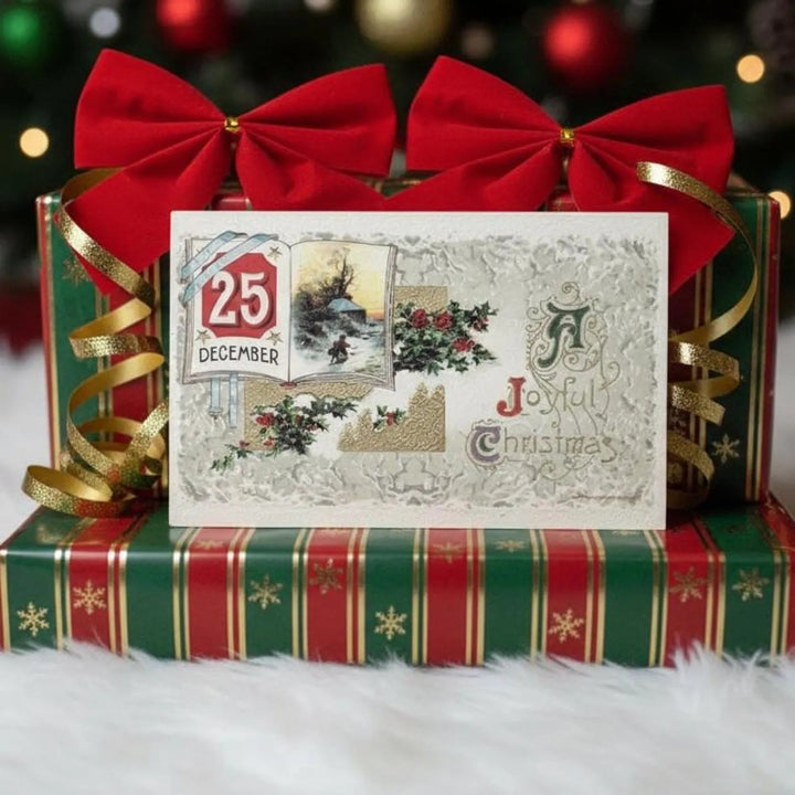 1910 Mark Your Calendar, It's Christmas Day! by Winsch Vintage Postcard as a gift topper.