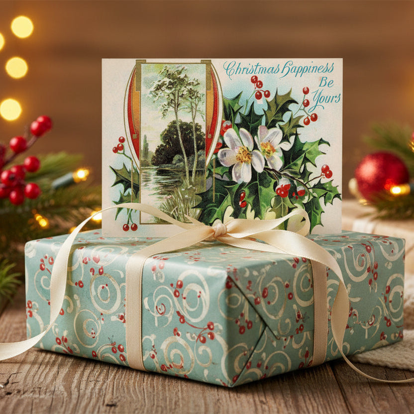 1910 Dog-roses Delight at Christmas Vintage Botanical Postcard as gift topper.