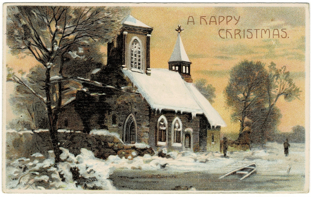   Snow-covered Church on Christmas Eve Vintage Christmas postcard.