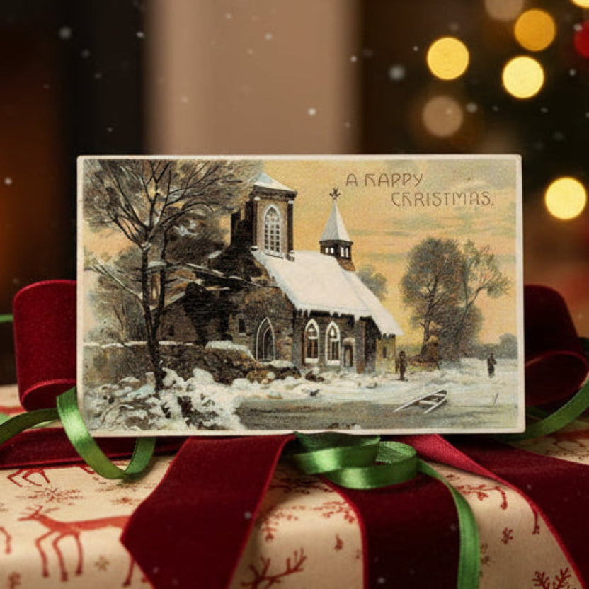   Snow-covered Church on Christmas Eve Vintage Christmas postcard., gift topper.