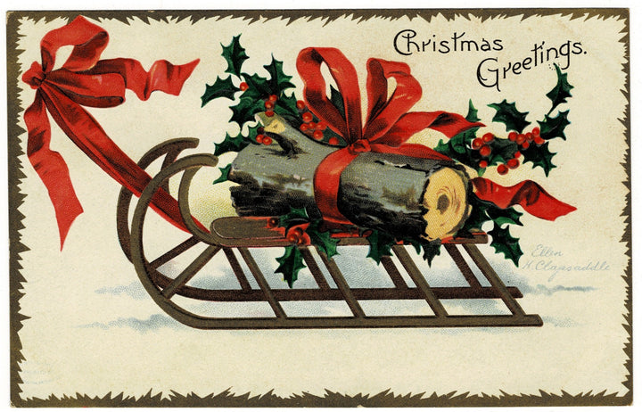 1907 Yule Log on Sled by Clapsaddle Vintage Christmas Postcard Artist Signed.