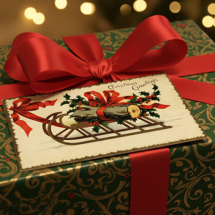 1907 Yule Log on Sled by Clapsaddle Vintage Christmas Postcard Artist Signe, gift topper.