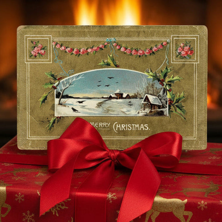 1907 Yule Log on Sled by Clapsaddle Vintage Christmas Postcard, shown used as a gift topper.