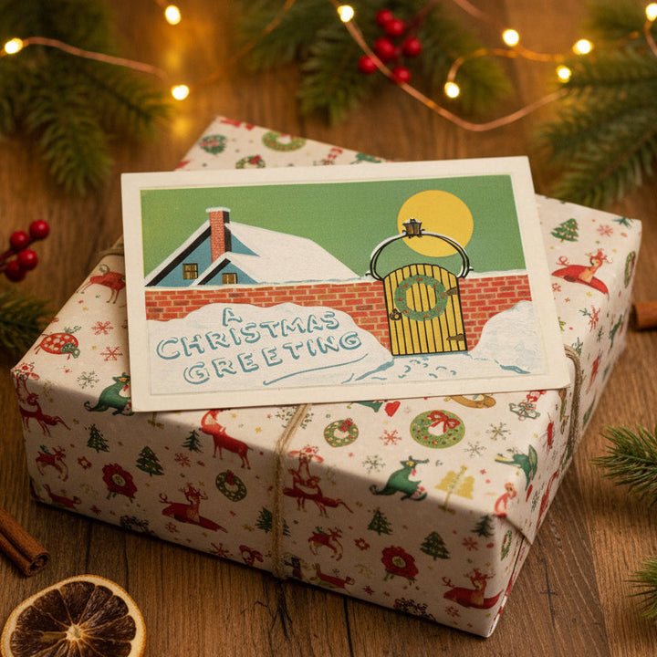 1920 Festive Folk Art Feeling Vintage Christmas Postcard on gift as gift topper.