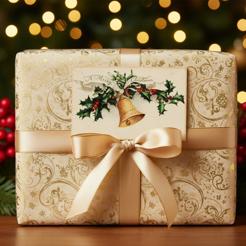 1915 Ringing in a Merry Christmas by Clapsaddle Vintage Postcard, Artist Signed, on gift as gift topper.