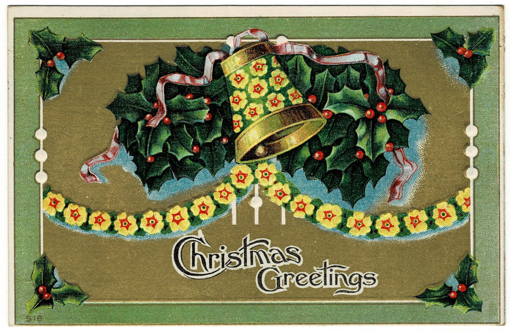 1910 Cheerful Chiming Rings in the Holly-Day Vintage Christmas Postcard.